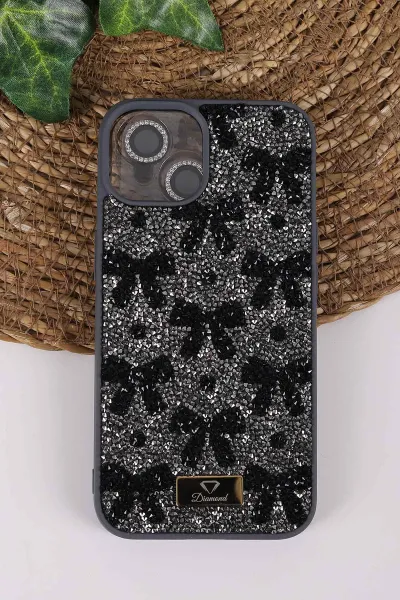 Antrasit TeknoCase İPhone 13 Uyumlu Perfect Diamond Case Serisi Taşlı Lens Hediyeli Sert Silikon Telefon Kılıfı 450075