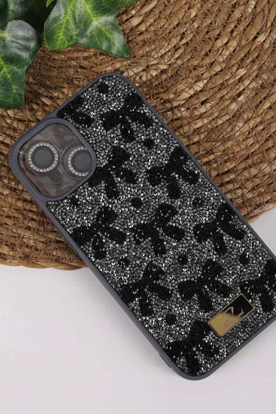 Antrasit TeknoCase İPhone 13 Uyumlu Perfect Diamond Case Serisi Taşlı Lens Hediyeli Sert Silikon Telefon Kılıfı 450075