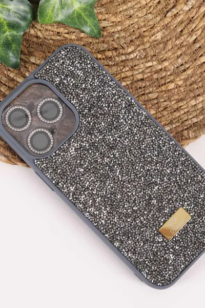 Antrasit TeknoCase İPhone 14 Pro Max Uyumlu Ella Diamond Case Serisi Lens Hediyeli Sert Silikon Telefon Kılıfı 457739
