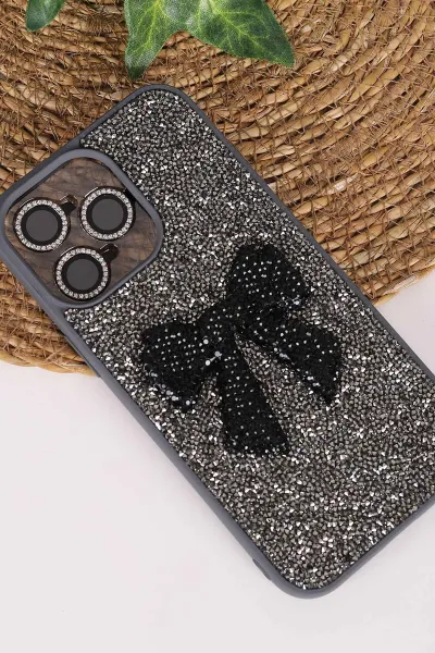 Antrasit TeknoCase İPhone 14 Pro Max Uyumlu Nelly Diamond Serisi Taşlı Lens Hediyeli Sert Silikon Telefon Kılıfı 480931