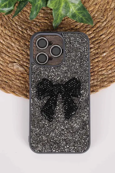 Antrasit TeknoCase İPhone 14 Pro Max Uyumlu Nelly Diamond Serisi Taşlı Lens Hediyeli Sert Silikon Telefon Kılıfı 480931