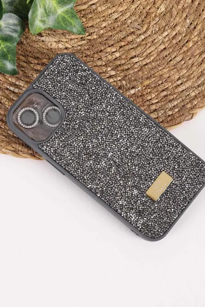 Antrasit TeknoCase İPhone 14 Uyumlu Ella Diamond Case Serisi Lens Hediyeli Sert Silikon Telefon Kılıfı 457735