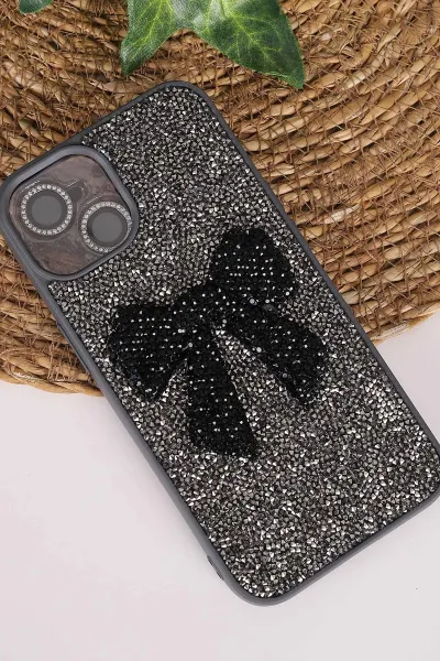 Antrasit TeknoCase İPhone 14 Uyumlu Nelly Diamond Serisi Taşlı Lens Hediyeli Sert Silikon Telefon Kılıfı 480927