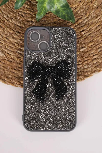 Antrasit TeknoCase İPhone 14 Uyumlu Nelly Diamond Serisi Taşlı Lens Hediyeli Sert Silikon Telefon Kılıfı 480927