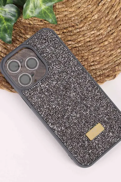 Antrasit TeknoCase İPhone 15 Pro Max Uyumlu Ella Diamond Case Serisi Lens Hediyeli Sert Silikon Telefon Kılıfı 457762