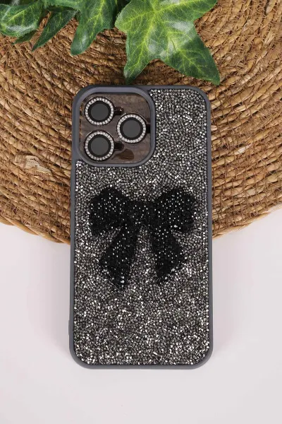 Antrasit TeknoCase İPhone 15 Pro Max Uyumlu Nelly Diamond Serisi Taşlı Lens Hediyeli Sert Silikon Telefon Kılıfı 480943