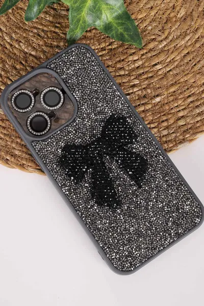 Antrasit TeknoCase İPhone 15 Pro Max Uyumlu Nelly Diamond Serisi Taşlı Lens Hediyeli Sert Silikon Telefon Kılıfı 480943