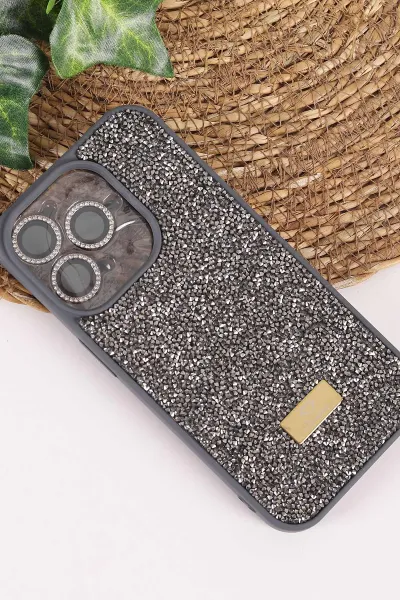 Antrasit TeknoCase İPhone 15 Pro Uyumlu Ella Diamond Case Serisi Lens Hediyeli Sert Silikon Telefon Kılıfı 457753