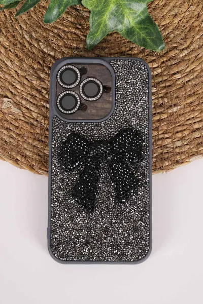 Antrasit TeknoCase İPhone 15 Pro Uyumlu Nelly Diamond Serisi Taşlı Lens Hediyeli Sert Silikon Telefon Kılıfı 480939
