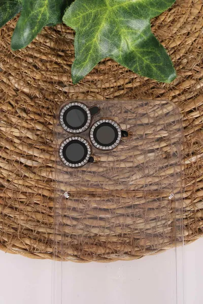 Antrasit TeknoCase İPhone 15 Pro Uyumlu Nelly Diamond Serisi Taşlı Lens Hediyeli Sert Silikon Telefon Kılıfı 480939
