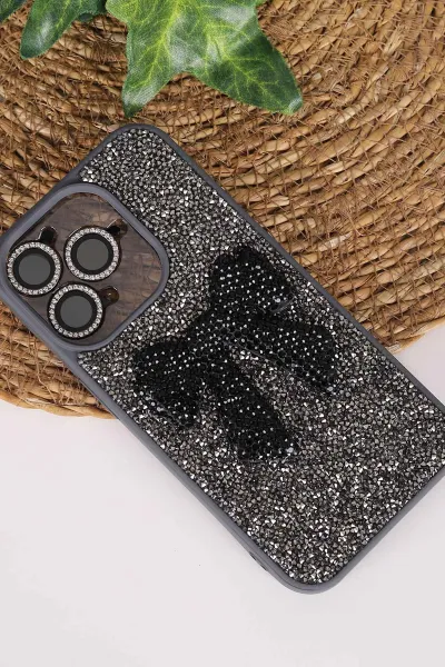 Antrasit TeknoCase İPhone 15 Pro Uyumlu Nelly Diamond Serisi Taşlı Lens Hediyeli Sert Silikon Telefon Kılıfı 480939