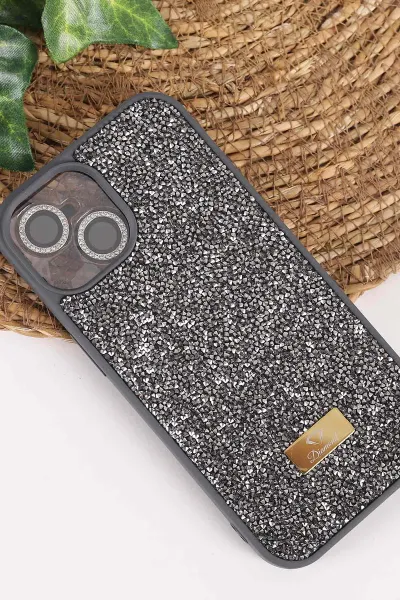 Antrasit TeknoCase İPhone 15 Uyumlu Ella Diamond Case Serisi Lens Hediyeli Sert Silikon Telefon Kılıfı 457749