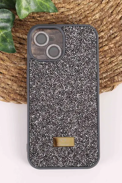 Antrasit TeknoCase İPhone 15 Uyumlu Ella Diamond Case Serisi Lens Hediyeli Sert Silikon Telefon Kılıfı 457749