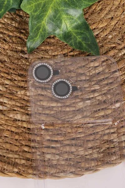 Antrasit TeknoCase İPhone 15 Uyumlu Nelly Diamond Serisi Taşlı Lens Hediyeli Sert Silikon Telefon Kılıfı 480935