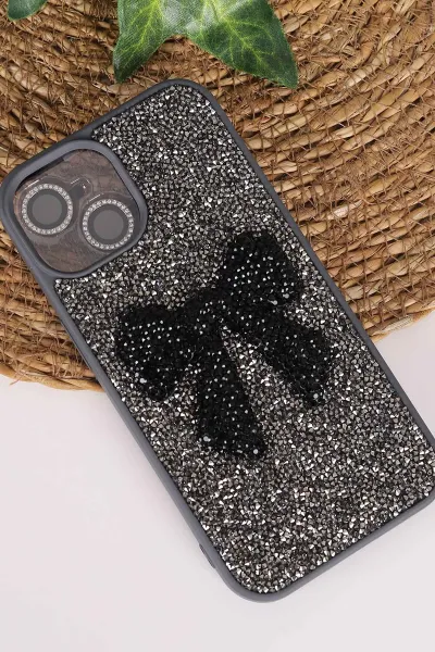 Antrasit TeknoCase İPhone 15 Uyumlu Nelly Diamond Serisi Taşlı Lens Hediyeli Sert Silikon Telefon Kılıfı 480935