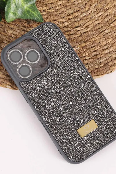 Antrasit TeknoCase İPhone 16 Pro Uyumlu Ella Diamond Case Serisi Lens Hediyeli Sert Silikon Telefon Kılıfı 457817