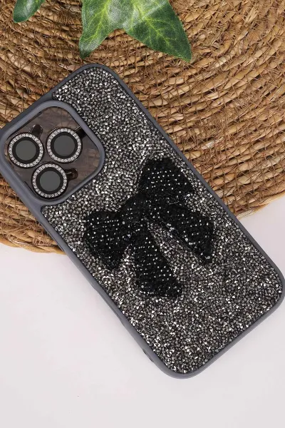 Antrasit TeknoCase İPhone 16 Pro Uyumlu Nelly Diamond Serisi Taşlı Lens Hediyeli Sert Silikon Telefon Kılıfı 480954