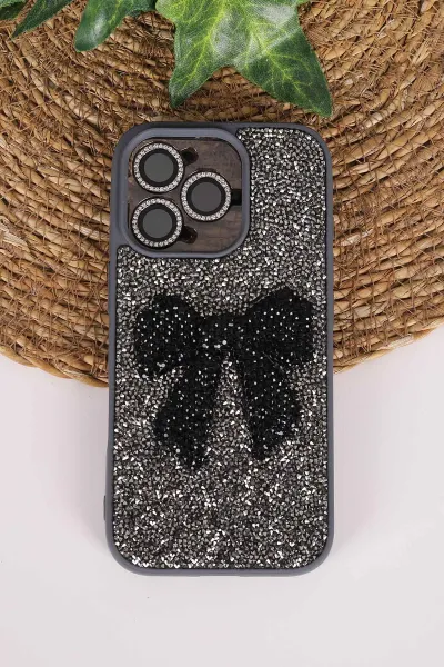 Antrasit TeknoCase İPhone 16 Pro Uyumlu Nelly Diamond Serisi Taşlı Lens Hediyeli Sert Silikon Telefon Kılıfı 480954