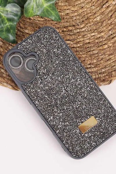 Antrasit TeknoCase İPhone 16 Uyumlu Ella Diamond Case Serisi Lens Hediyeli Sert Silikon Telefon Kılıfı 457808