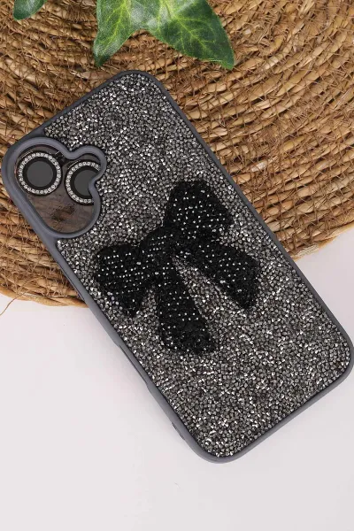 Antrasit TeknoCase İPhone 16 Uyumlu Nelly Diamond Serisi Taşlı Lens Hediyeli Sert Silikon Telefon Kılıfı 480947