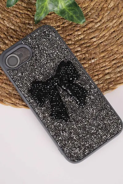 Antrasit TeknoCase İPhone 16E & 17E Uyumlu Nelly Diamond Serisi Taşlı Lens Hediyeli Sert Silikon Telefon Kılıfı 480975