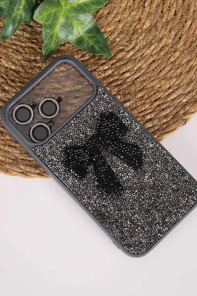 Antrasit TeknoCase İPhone 17 Pro Max Uyumlu Nelly Diamond Serisi Taşlı Lens Hediyeli Sert Silikon Telefon Kılıfı 480971