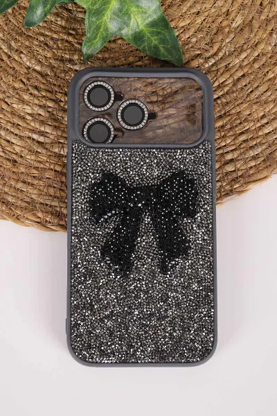 Antrasit TeknoCase İPhone 17 Pro Max Uyumlu Nelly Diamond Serisi Taşlı Lens Hediyeli Sert Silikon Telefon Kılıfı 480971