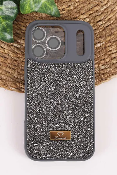 Antrasit TeknoCase İPhone 17 Pro Uyumlu Ella Diamond Case Serisi Lens Hediyeli Sert Silikon Telefon Kılıfı 457829