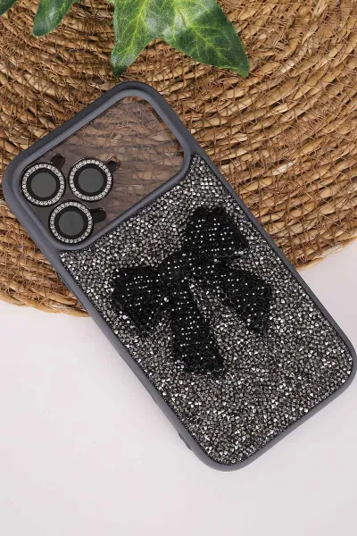 Antrasit TeknoCase İPhone 17 Pro Uyumlu Nelly Diamond Serisi Taşlı Lens Hediyeli Sert Silikon Telefon Kılıfı 480967
