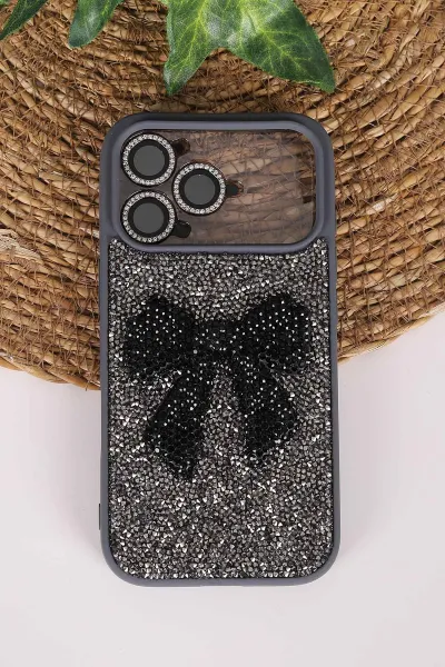 Antrasit TeknoCase İPhone 17 Pro Uyumlu Nelly Diamond Serisi Taşlı Lens Hediyeli Sert Silikon Telefon Kılıfı 480967