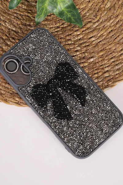 Antrasit TeknoCase İPhone 17 Uyumlu Nelly Diamond Serisi Taşlı Lens Hediyeli Sert Silikon Telefon Kılıfı 480962
