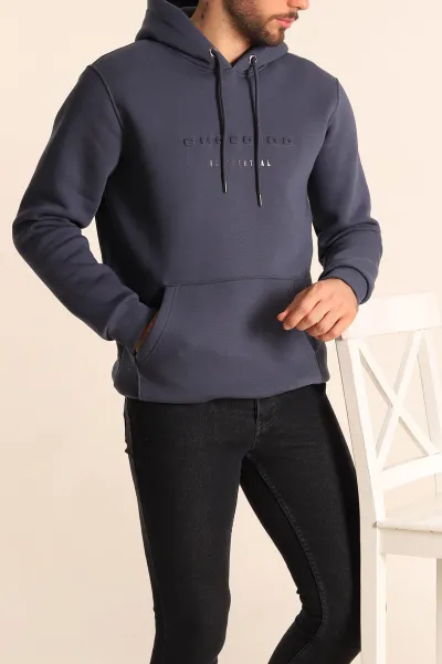 Antrasit Üç İp Şardonlu Kabartma Yazılı Kapüşonlu Erkek Sweatshirt 227865