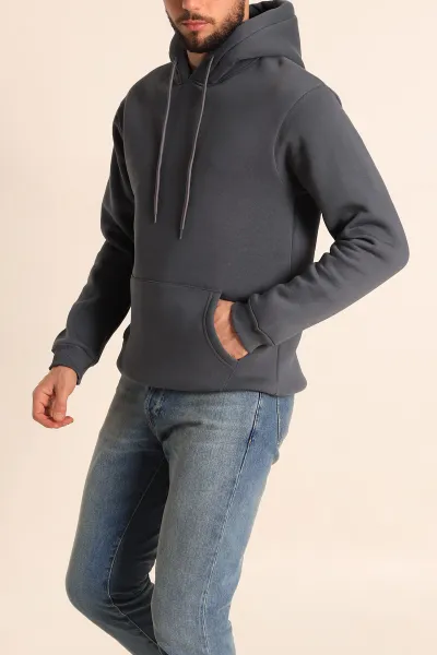 Antrasit Üç İp Şardonlu Kapüşonlu Basic Erkek Sweatshirt 226425