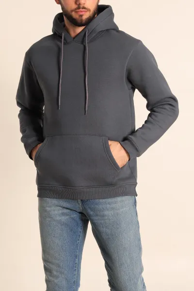 Antrasit Üç İp Şardonlu Kapüşonlu Basic Erkek Sweatshirt 226425