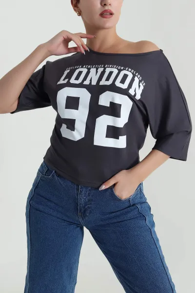 Antrasit Yarasa Kol Baskılı Kadın Kristal Bluz 483240