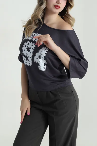 Antrasit Yarasa Kol Baskılı Kadın Kristal Bluz 483251