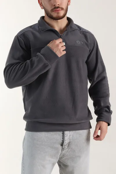 Antrasit Yarım Fermuarlı Nakış Detaylı Dik Yaka Polar Kumaş Erkek Sweatshirt 404238
