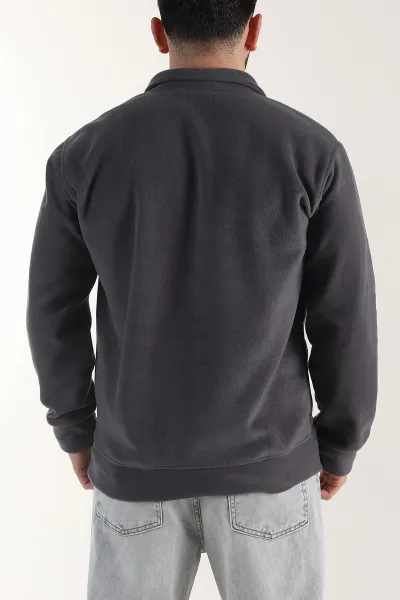 Antrasit Yarım Fermuarlı Nakış Detaylı Dik Yaka Polar Kumaş Erkek Sweatshirt 404238
