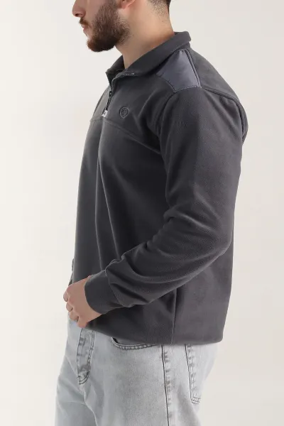 Antrasit Yarım Fermuarlı Nakış Detaylı Dik Yaka Polar Kumaş Erkek Sweatshirt 404238