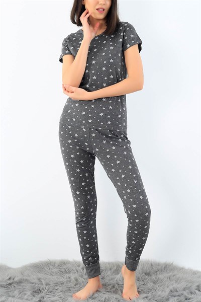 Antrasit Yıldız Baskılı Bayan Pijama Takımı 32321