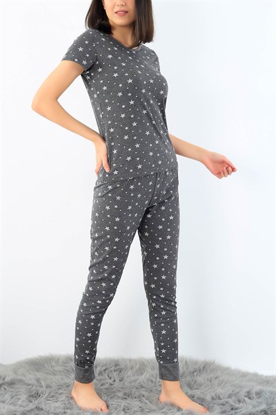 Antrasit Yıldız Baskılı Bayan Pijama Takımı 32321