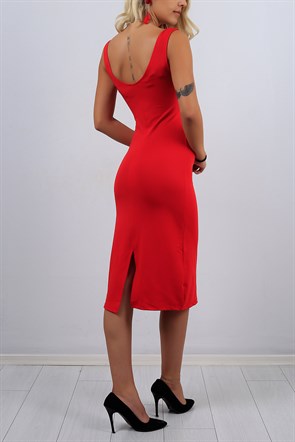 Arka Yırtmaç Detay Kırmızı Bayan Elbise 9063B
