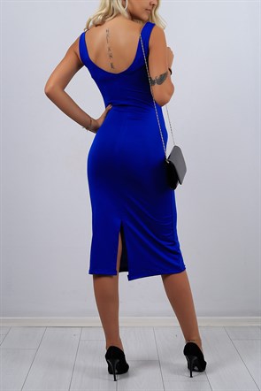 Arka Yırtmaç Detay Mavi Bayan Elbise 9065B