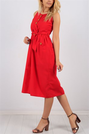 Askılı Düğme Detay Kırmızı Bayan Elbise 8675B