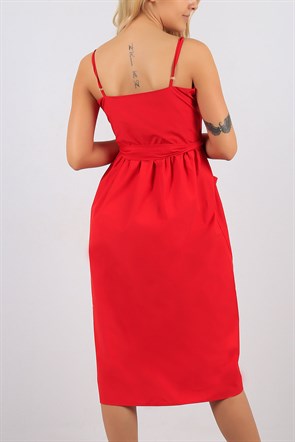 Askılı Düğme Detay Kırmızı Bayan Elbise 8675B