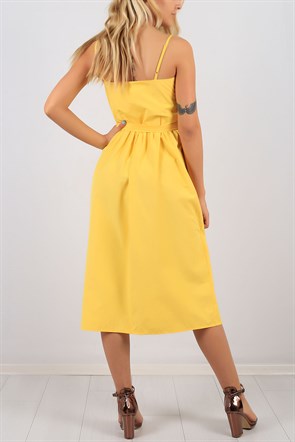 Askılı Düğme Detay Sarı Bayan Elbise 8677B