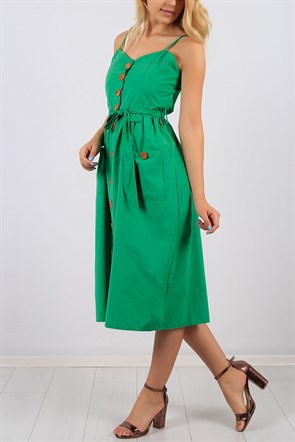 Askılı Düğme Detay Yeşil Bayan Elbise 8676B