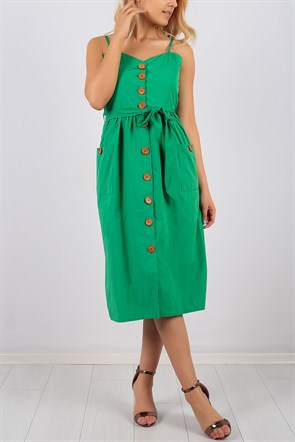 Askılı Düğme Detay Yeşil Bayan Elbise 8676B