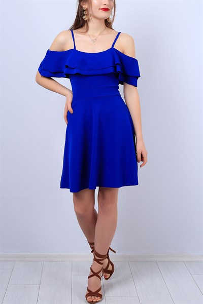 Askılı Mavi Fırfırlı Bayan Elbise 11408B