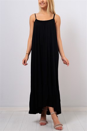 Askılı Siyah Eteği Bükümlü Bayan Elbise 8395B